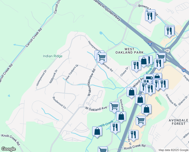 map of restaurants, bars, coffee shops, grocery stores, and more near 3 Willow Tree Court in Johnson City