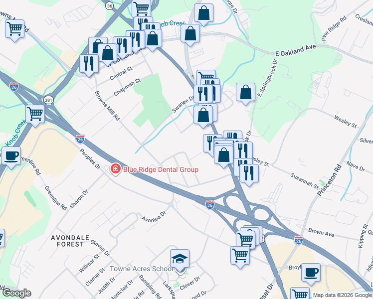 map of restaurants, bars, coffee shops, grocery stores, and more near 2616 Mimosa Lane in Johnson City