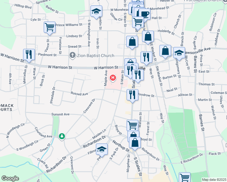 map of restaurants, bars, coffee shops, grocery stores, and more near 517 Woodrow Street in Reidsville