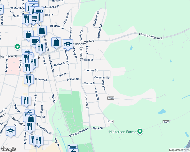 map of restaurants, bars, coffee shops, grocery stores, and more near 512 Coleman Street in Reidsville