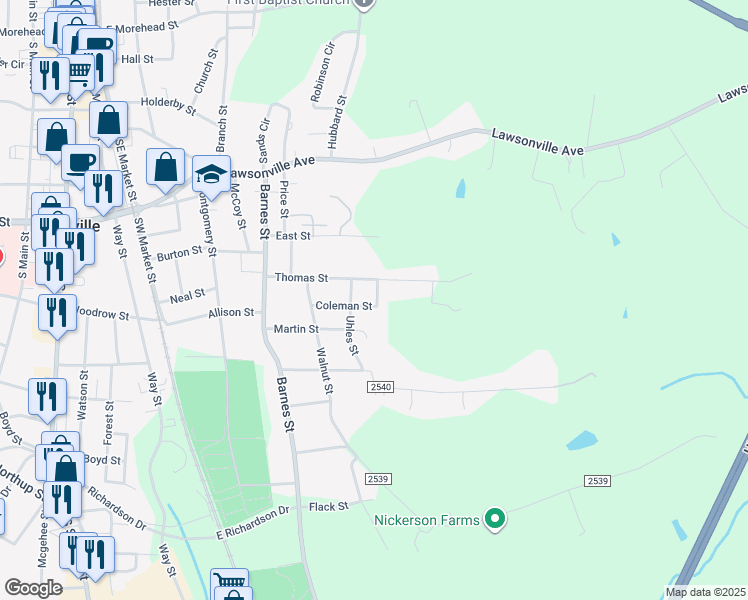 map of restaurants, bars, coffee shops, grocery stores, and more near 812 McClintock Street in Reidsville