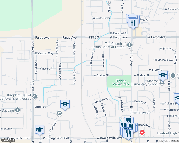 map of restaurants, bars, coffee shops, grocery stores, and more near 2236 North Glacier Way in Hanford