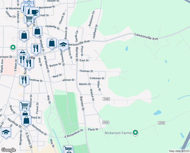 map of restaurants, bars, coffee shops, grocery stores, and more near 512 Coleman Street in Reidsville