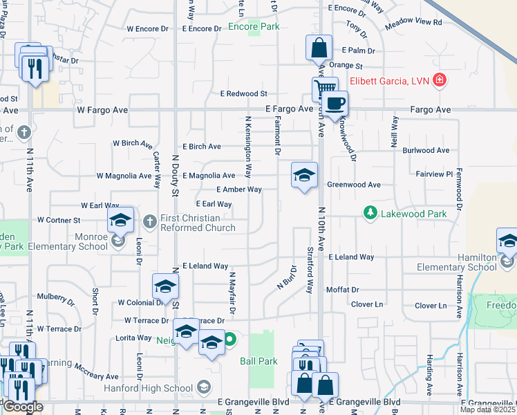 map of restaurants, bars, coffee shops, grocery stores, and more near 2221 North Kensington Way in Hanford