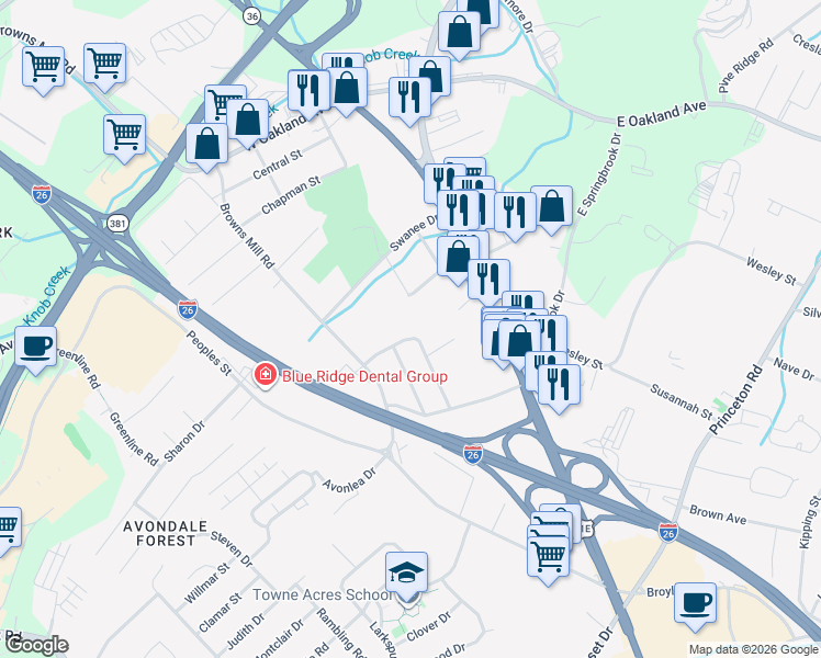 map of restaurants, bars, coffee shops, grocery stores, and more near 2616 Mimosa Lane in Johnson City