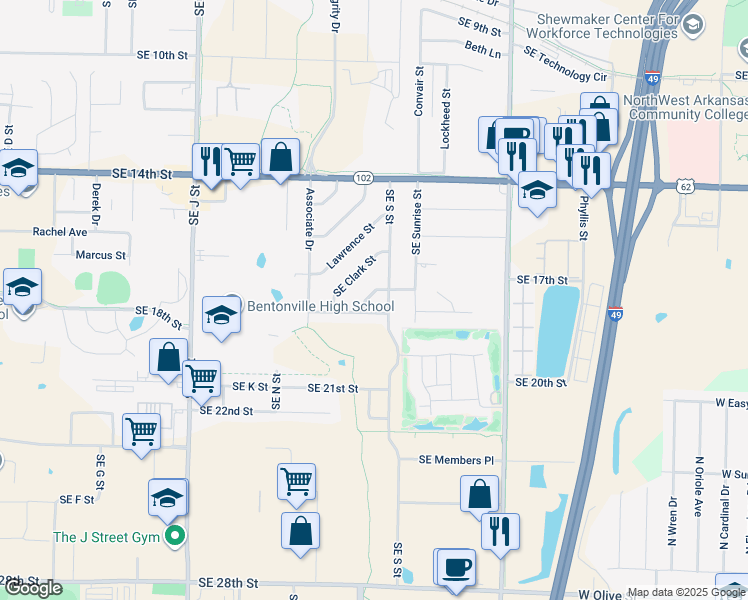 map of restaurants, bars, coffee shops, grocery stores, and more near 1906 Southeast Taylor Street in Bentonville