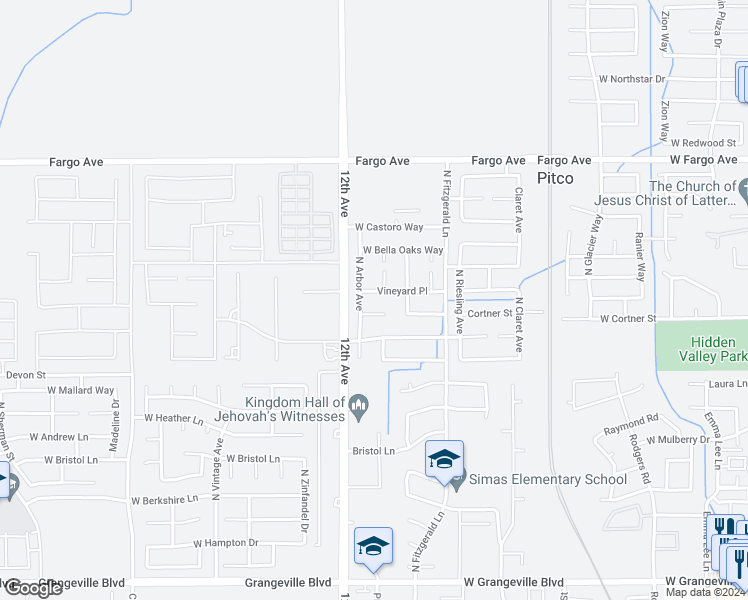 map of restaurants, bars, coffee shops, grocery stores, and more near 1635 Vineyard Place in Hanford