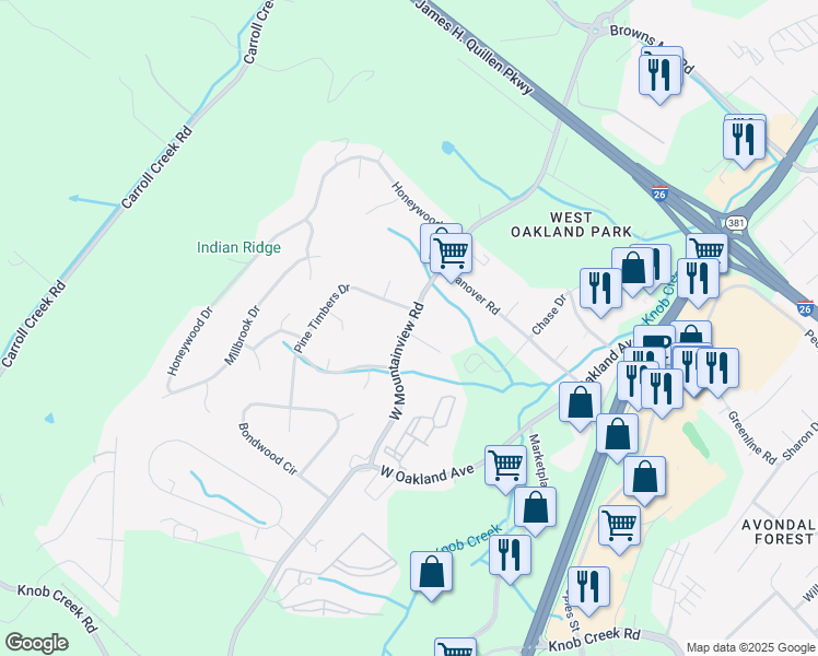 map of restaurants, bars, coffee shops, grocery stores, and more near 5 Willow Tree Court in Johnson City