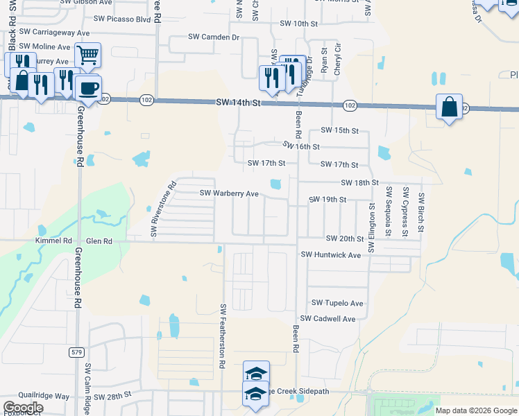 map of restaurants, bars, coffee shops, grocery stores, and more near 1803 Southwest Brompton Street in Bentonville