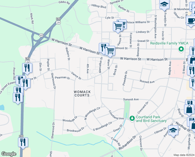 map of restaurants, bars, coffee shops, grocery stores, and more near 1101 Vance Street in Reidsville
