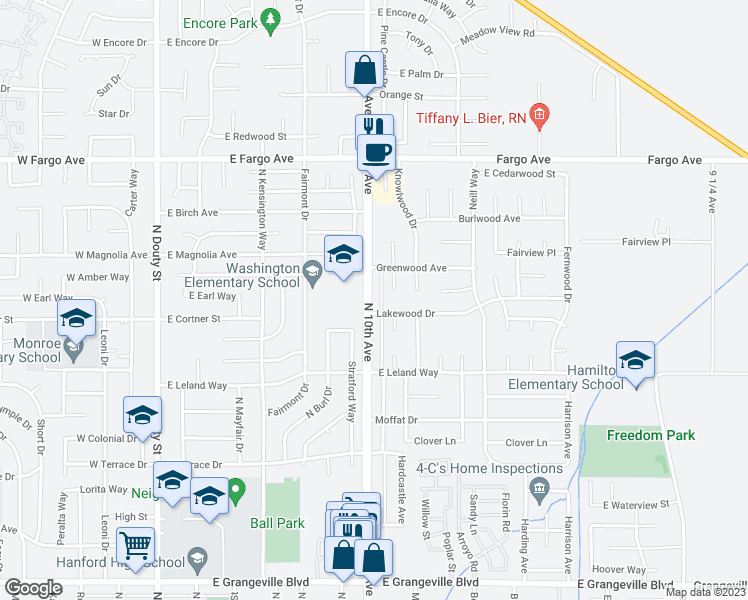 map of restaurants, bars, coffee shops, grocery stores, and more near 2217 North 10th Avenue in Hanford