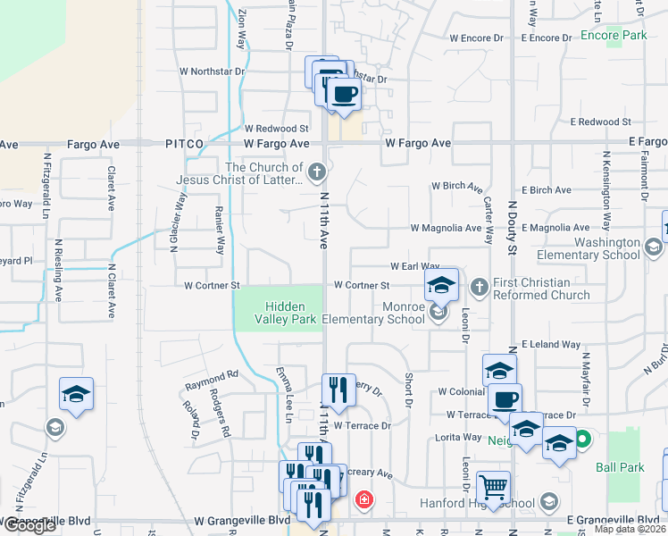 map of restaurants, bars, coffee shops, grocery stores, and more near 2221 North 11th Avenue in Hanford