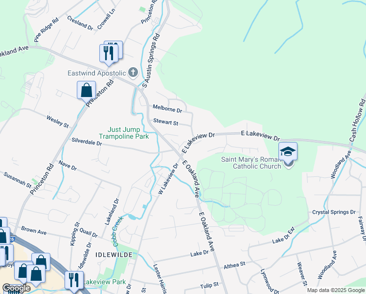 map of restaurants, bars, coffee shops, grocery stores, and more near 2510 East Lakeview Drive in Johnson City