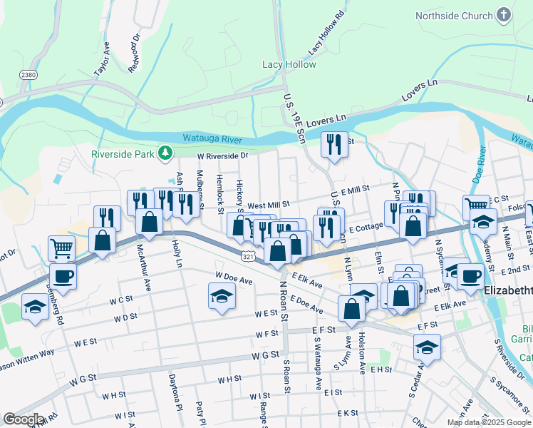 map of restaurants, bars, coffee shops, grocery stores, and more near 622 Walnut St in Elizabethton