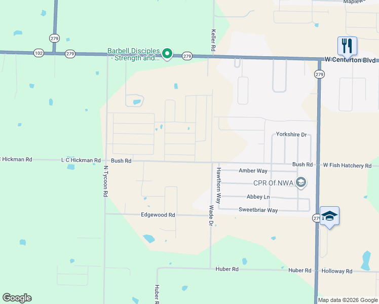 map of restaurants, bars, coffee shops, grocery stores, and more near 12800-12894 Bush Road in Centerton