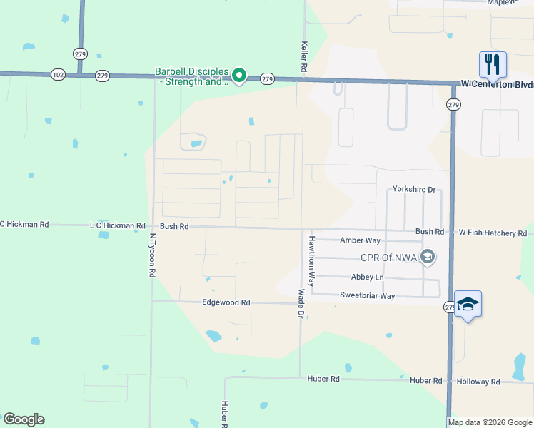 map of restaurants, bars, coffee shops, grocery stores, and more near 12800-12894 Bush Road in Centerton