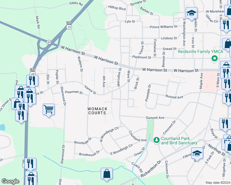 map of restaurants, bars, coffee shops, grocery stores, and more near 1101 Vance Street in Reidsville