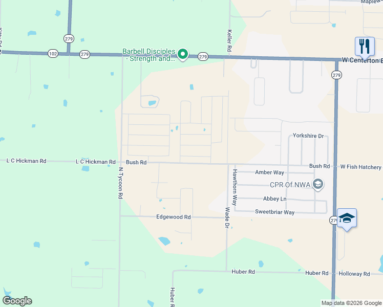 map of restaurants, bars, coffee shops, grocery stores, and more near Bush Road in Centerton