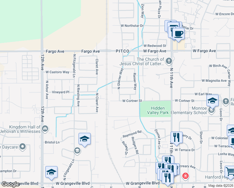 map of restaurants, bars, coffee shops, grocery stores, and more near 2236 North Glacier Way in Hanford