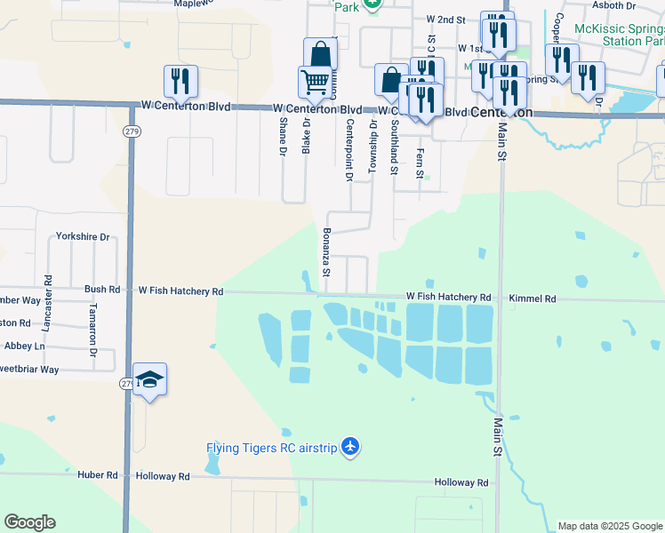 map of restaurants, bars, coffee shops, grocery stores, and more near 530 Bonanza Street in Centerton