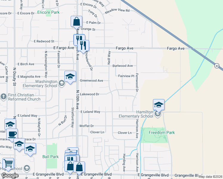 map of restaurants, bars, coffee shops, grocery stores, and more near 942 Lakewood Dr in Hanford