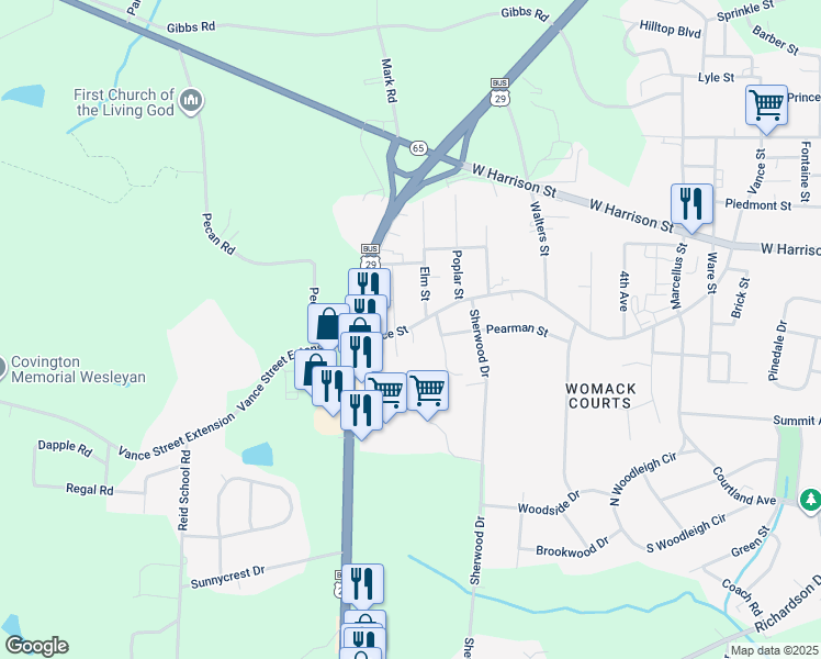 map of restaurants, bars, coffee shops, grocery stores, and more near 1909 Vance Street in Reidsville