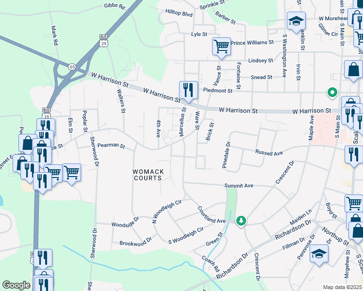 map of restaurants, bars, coffee shops, grocery stores, and more near 1003 Vance Street in Reidsville