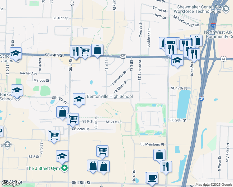 map of restaurants, bars, coffee shops, grocery stores, and more near 1806 Clark Street in Bentonville