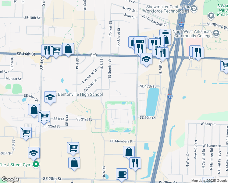 map of restaurants, bars, coffee shops, grocery stores, and more near 1704 Beverly Court in Bentonville