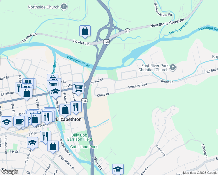 map of restaurants, bars, coffee shops, grocery stores, and more near 1113 Lynndale Drive in Elizabethton