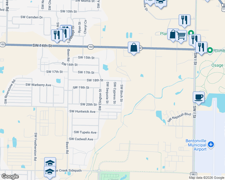 map of restaurants, bars, coffee shops, grocery stores, and more near 1900 Southwest Sequoia Street in Bentonville