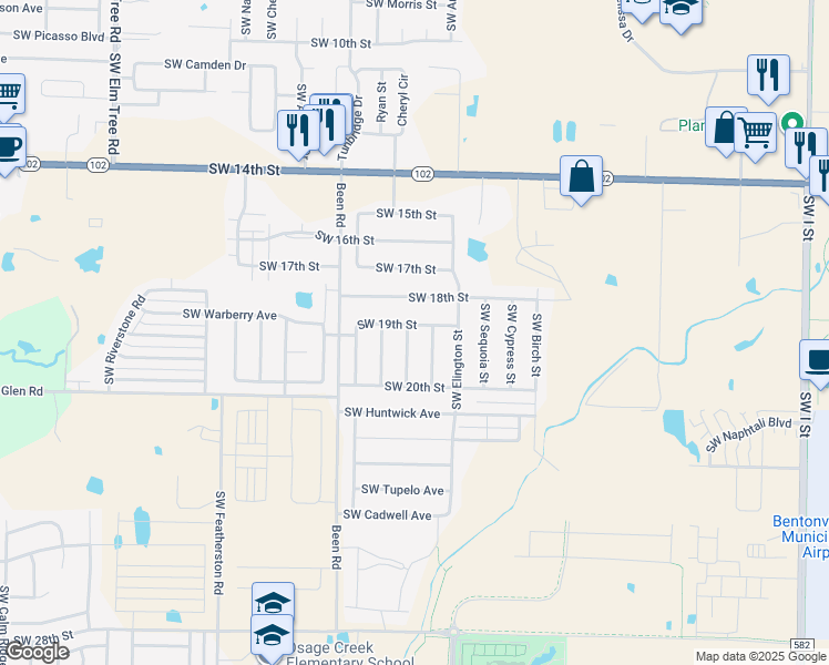 map of restaurants, bars, coffee shops, grocery stores, and more near 1901 Southwest Fremont Road in Bentonville