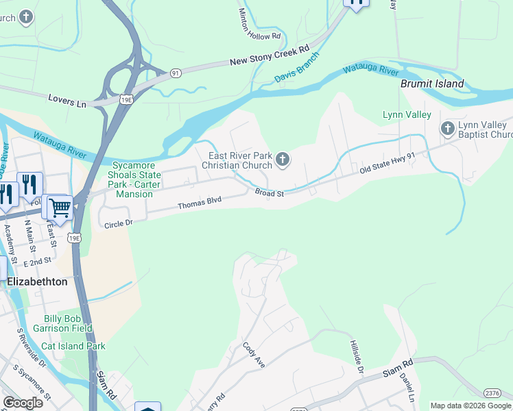 map of restaurants, bars, coffee shops, grocery stores, and more near 91 South Of Broad State Highway in Elizabethton