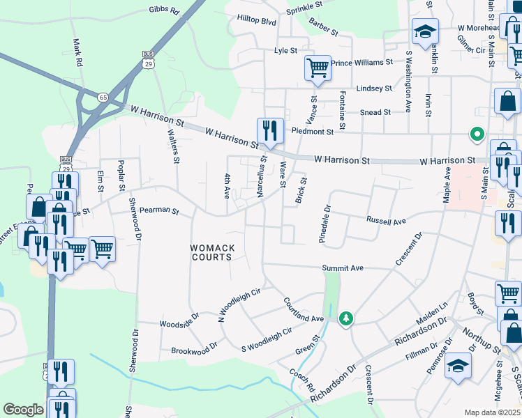 map of restaurants, bars, coffee shops, grocery stores, and more near 1003 Vance Street in Reidsville