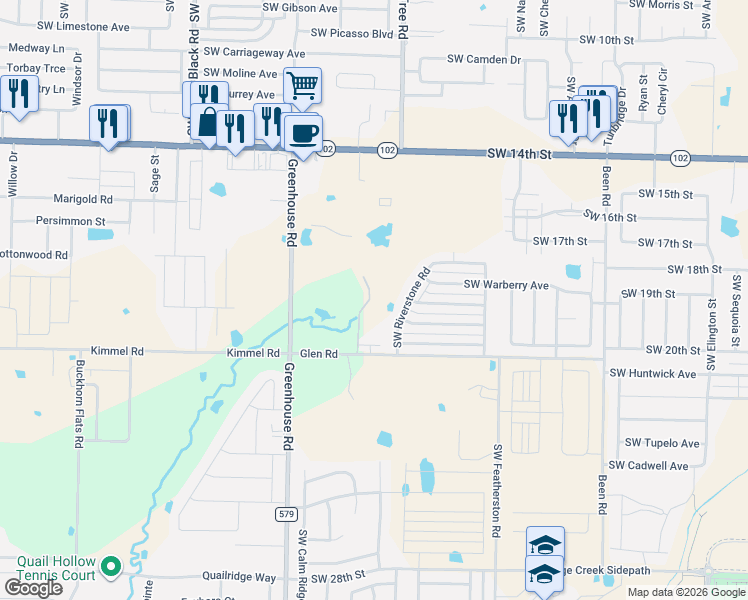 map of restaurants, bars, coffee shops, grocery stores, and more near 1908 Southwest Riverstone Road in Bentonville