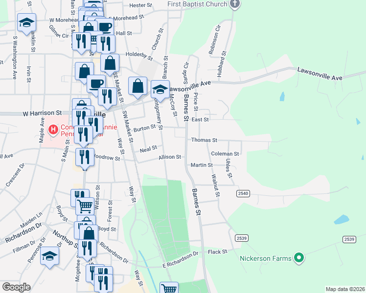 map of restaurants, bars, coffee shops, grocery stores, and more near 808 Barnes Street in Reidsville