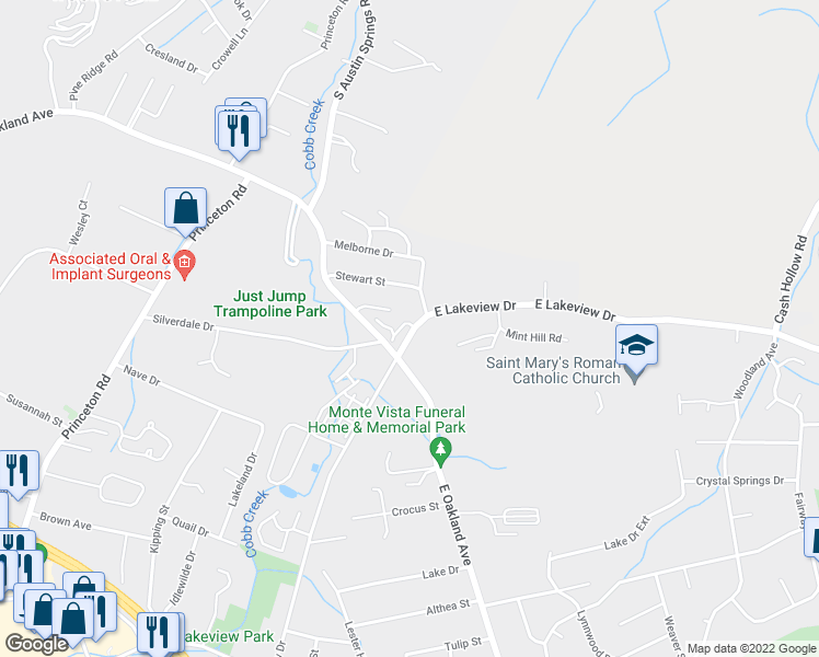 map of restaurants, bars, coffee shops, grocery stores, and more near 2510 East Lakeview Drive in Johnson City