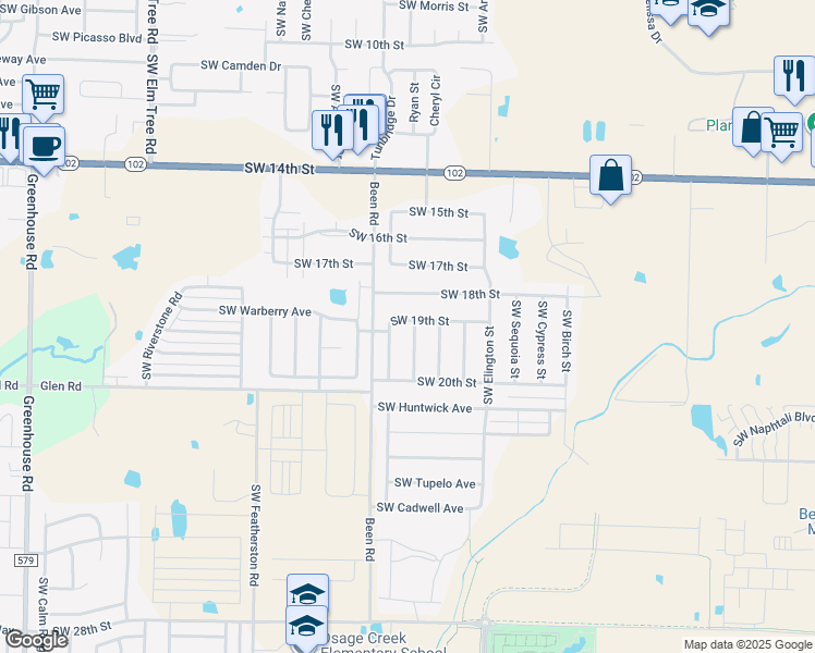 map of restaurants, bars, coffee shops, grocery stores, and more near 1900 Southwest Marquette Road in Bentonville