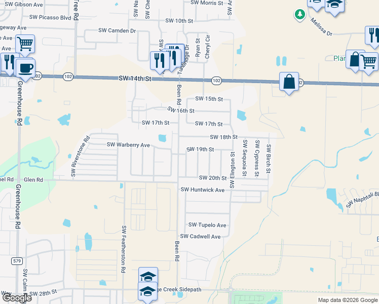 map of restaurants, bars, coffee shops, grocery stores, and more near 1900 Southwest Marquette Road in Bentonville