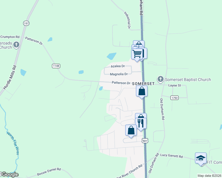 map of restaurants, bars, coffee shops, grocery stores, and more near 72 Mae Court in Roxboro