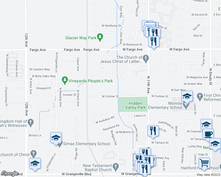 map of restaurants, bars, coffee shops, grocery stores, and more near 1046 Yellowstone Drive in Hanford