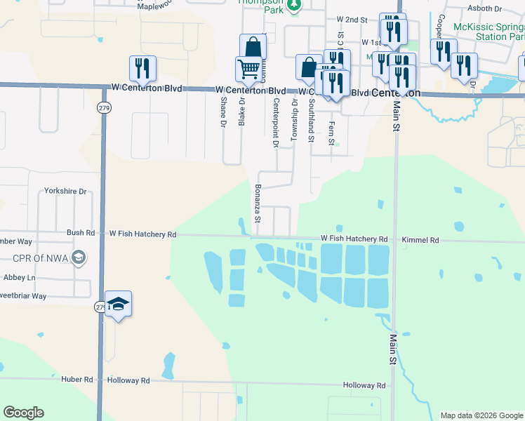 map of restaurants, bars, coffee shops, grocery stores, and more near 530 Bonanza Street in Centerton