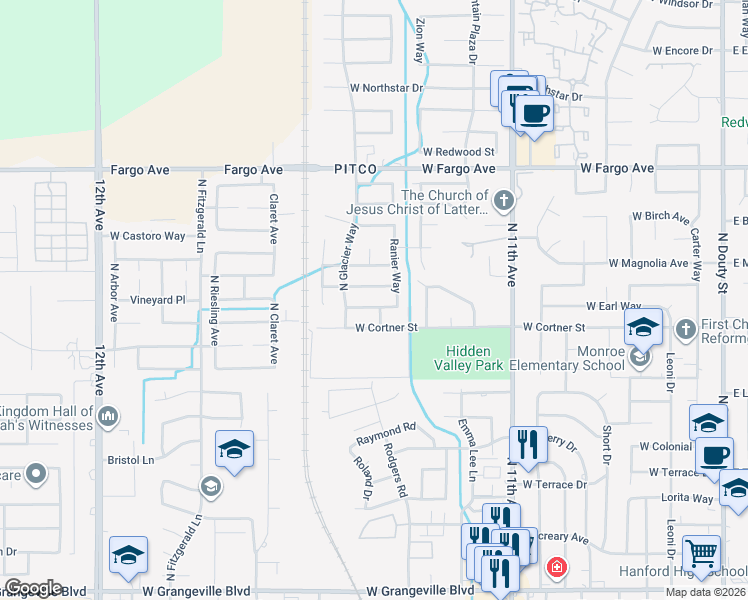 map of restaurants, bars, coffee shops, grocery stores, and more near 1066 Yellowstone Drive in Hanford