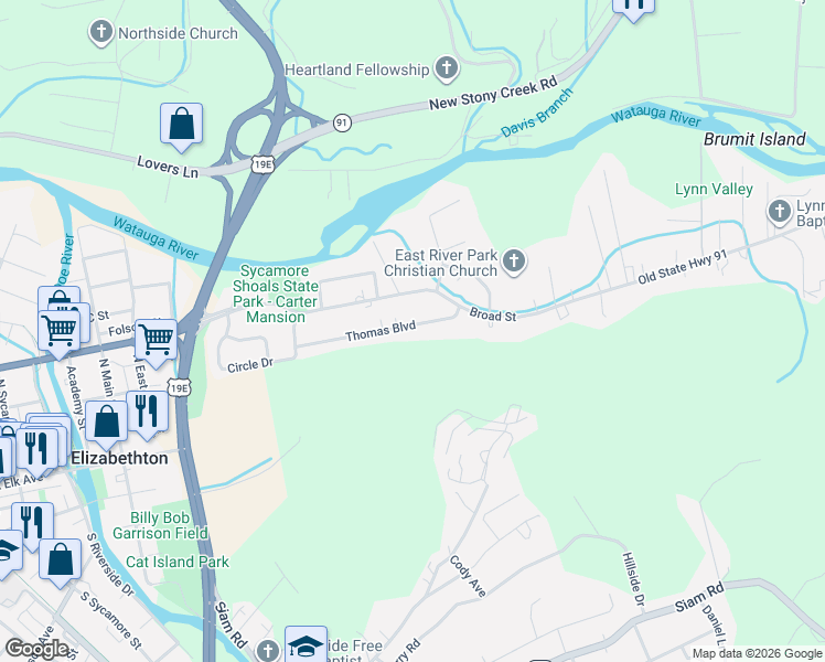 map of restaurants, bars, coffee shops, grocery stores, and more near 1236 Thomas Boulevard in Elizabethton