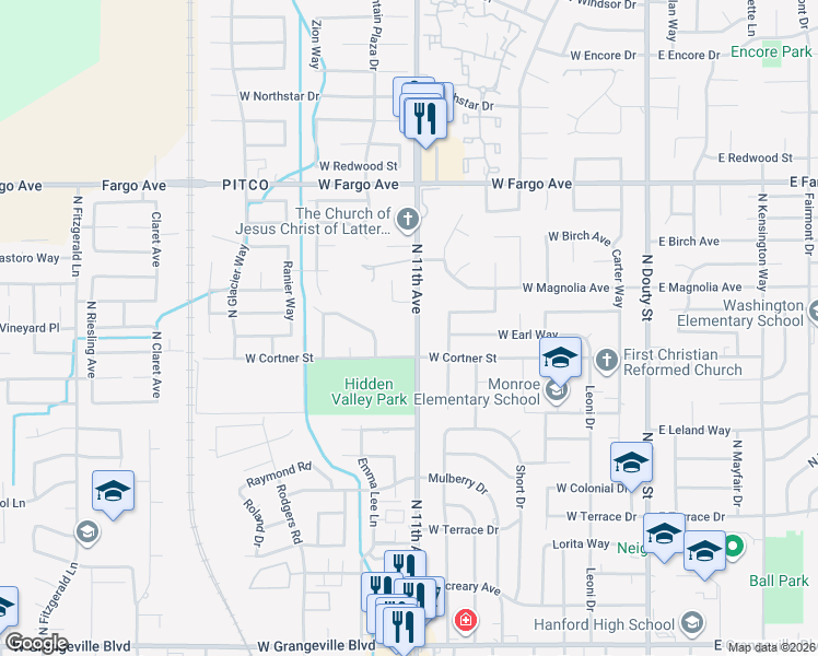 map of restaurants, bars, coffee shops, grocery stores, and more near 2221 North 11th Avenue in Hanford