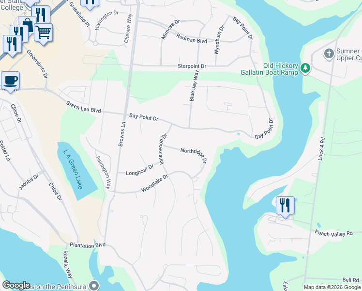 map of restaurants, bars, coffee shops, grocery stores, and more near 680 Northridge Drive in Gallatin