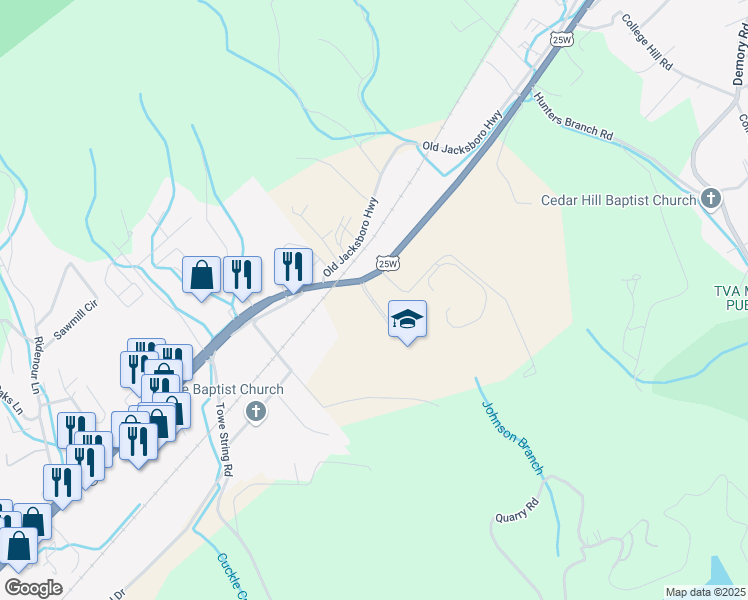 map of restaurants, bars, coffee shops, grocery stores, and more near Cougar Lane in Campbell County