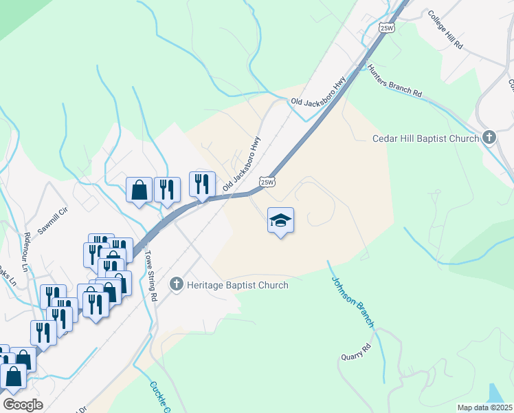 map of restaurants, bars, coffee shops, grocery stores, and more near Cougar Lane in Campbell County