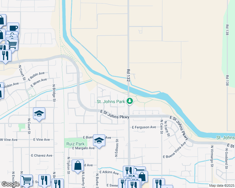 map of restaurants, bars, coffee shops, grocery stores, and more near 2781 North Edison Court in Visalia