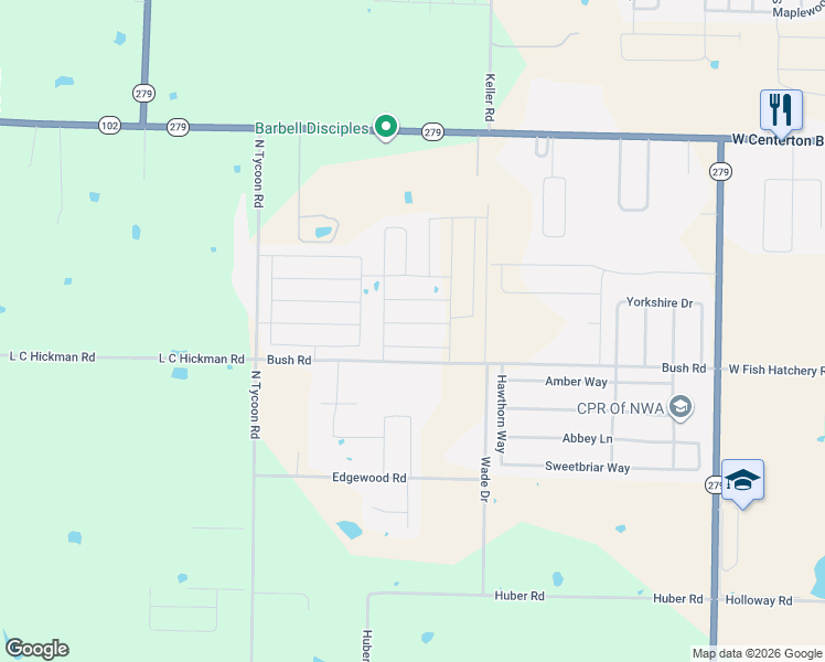 map of restaurants, bars, coffee shops, grocery stores, and more near Bush Road in Centerton